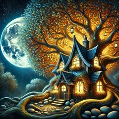 Fototapeta premium Ethereal Night Under the Watchful Moon