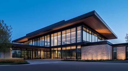 Fototapeta premium Contemporary Multi-Story Commercial Structure with a Sleek, Glass-Faced Design