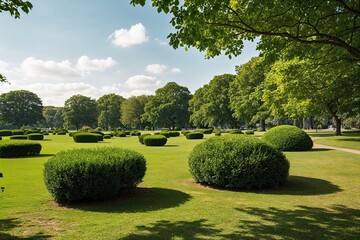 Naklejka premium Vibrant Green Parkscape Featuring Lush Trees and Bushes