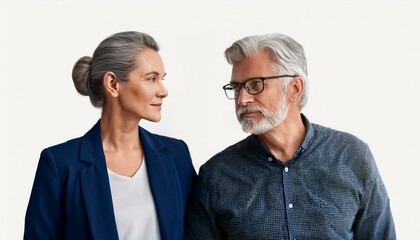 Silver Linings: A mature couple, elegantly dressed, share a meaningful gaze, embodying wisdom, partnership, and the enduring strength of a long-lasting relationship.