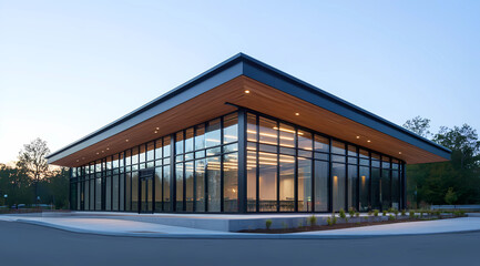 Fototapeta premium Sleek Commercial Structure with Large Glass Windows and Contemporary Design