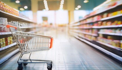 Shopping Cart in Supermarket Aisle 