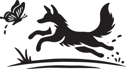 A silhouette of a fox chasing after a butterfly while running vector