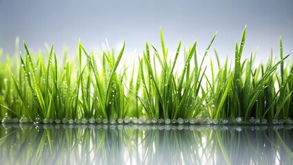Obraz premium Vibrant Green Blades of Grass with Dew Drops Reflected in Still Water