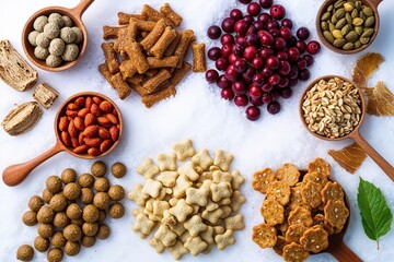 Fototapeta premium Natural Dog Treats and Snacks Displayed on Snowy White Background