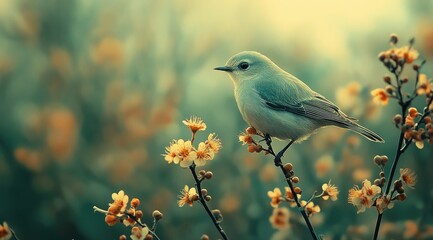 Obraz premium Pale bird perched on flowering branch, soft light.