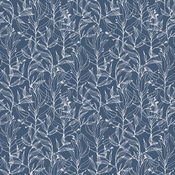 Blue floral watercolor seamless pattern for printing. Intertwining leaves and branches hand drawn. Nature botanical background design for fabric, textile, print, cover, banner and invitation.