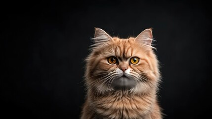 A close-up portrait of an adorable orange cat with striking yellow eyes against a dark backdrop.