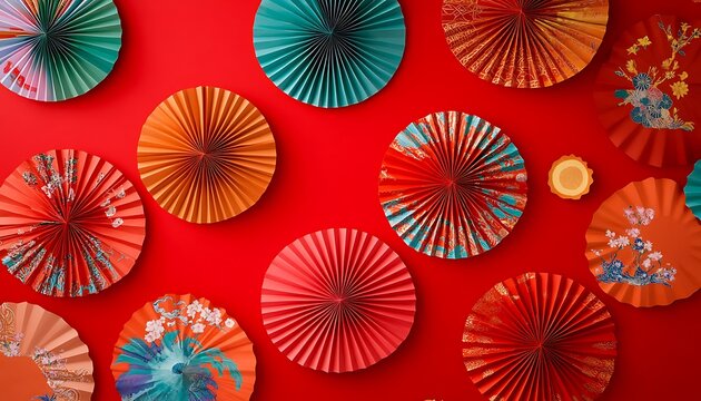 Colorful Paper Fans Red Background Festive Asian Decor