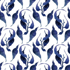 Blue floral watercolor seamless pattern for printing. Intertwining leaves and branches hand drawn. Nature botanical background design for fabric, textile, print, cover, banner and invitation.