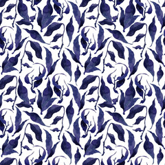 Blue floral watercolor seamless pattern for printing. Intertwining leaves and branches hand drawn. Nature botanical background design for fabric, textile, print, cover, banner and invitation.