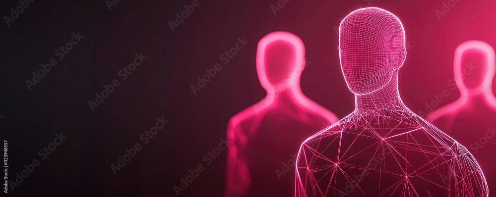 Poster futuristic representation of digital humanoids in a creative, abstract space.