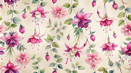 Fototapeta premium Elegant Watercolor Floral Pattern Featuring Delicate Fuchsia and Dahlia Blooms