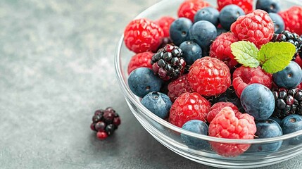 A vibrant bowl of fresh raspberries, blueberries, and blackberries, garnished with a mint leaf, set against a textured gray background.