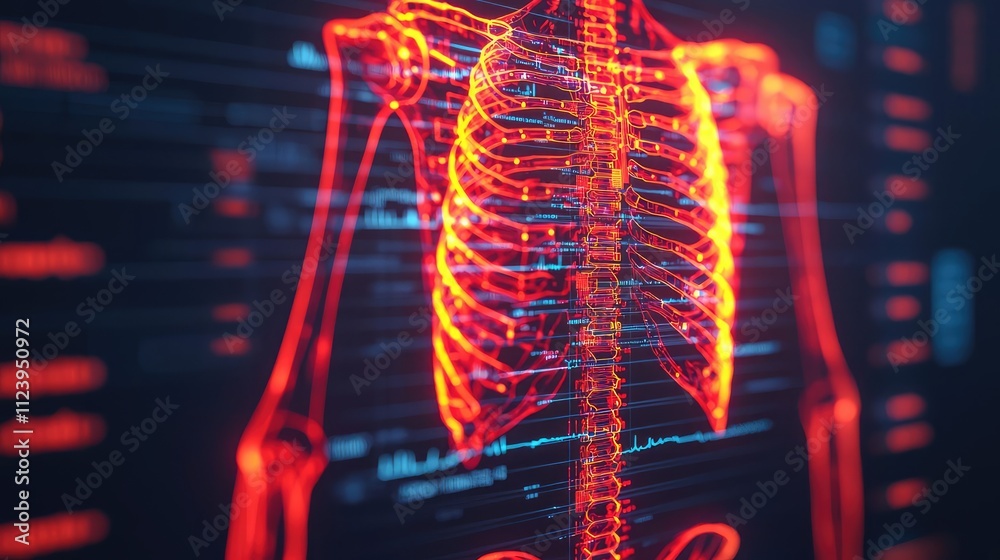 Poster illuminated digital representation of a human skeleton with glowing ribs and spine.
