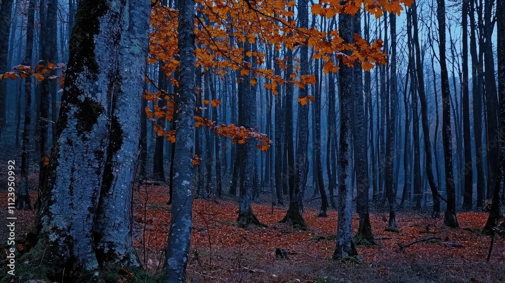 Poster a serene forest scene with autumn leaves and tall trees at dusk, creating a tranquil atmosphere.