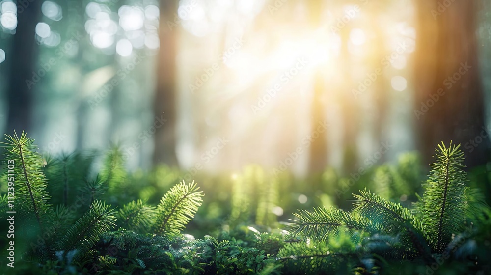 Poster sunlight filtering through trees in a serene forest, illuminating lush green ferns.