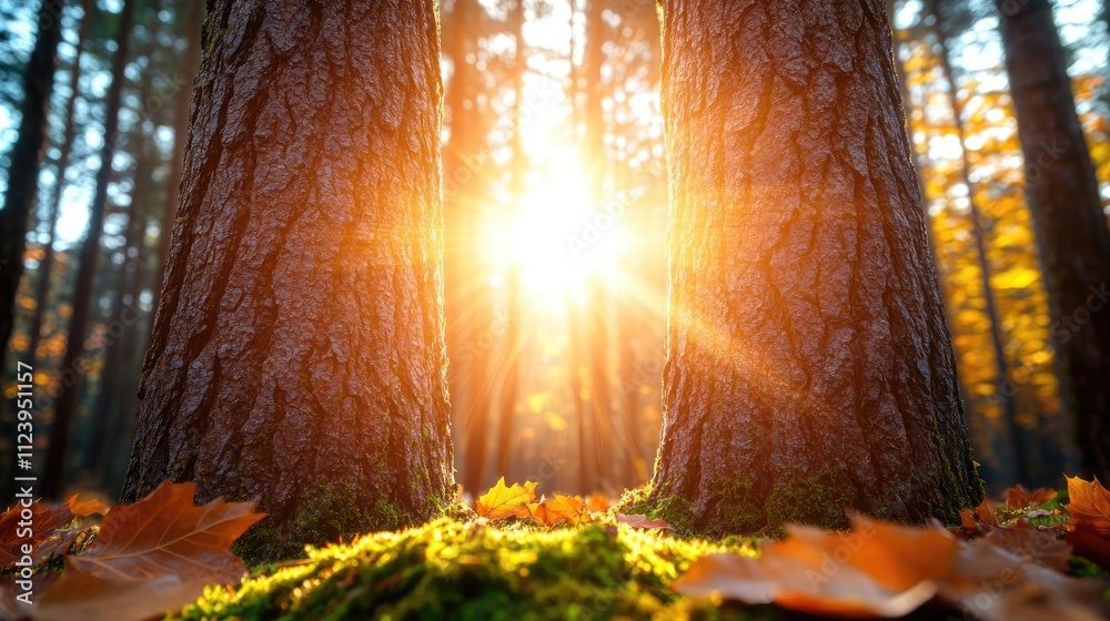 Poster Sunlight filtering through trees creates a serene forest atmosphere with autumn leaves.