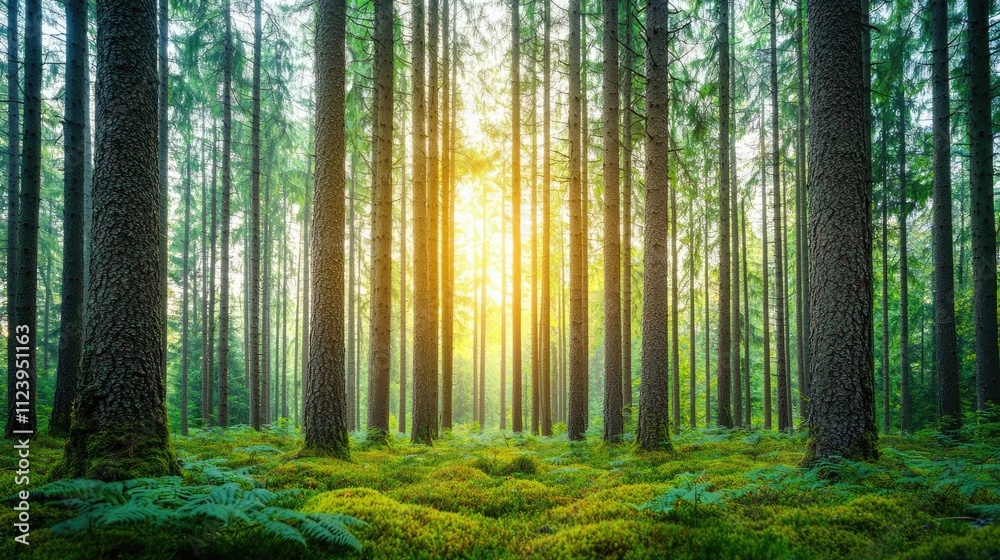 Aufkleber a serene forest scene with tall trees and sunlight filtering through the leaves.