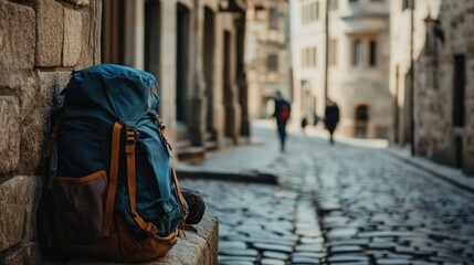 Naklejka premium Backpack rests against a stone wall in a quaint European street