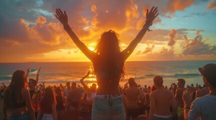 Woman silhouetted at sunset beach party, arms raised, celebrating with crowd.