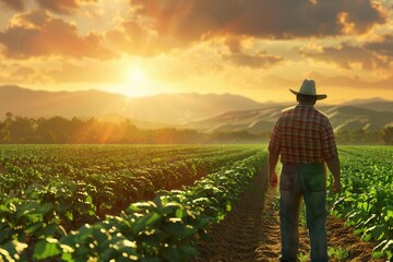 Fototapeta premium Agriculture in Action. Farmer inspecting a field of crops concept