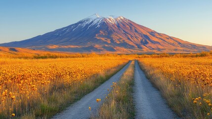 Obraz premium A tranquil gravel road leads through golden fields toward a snow-capped mountain at sunset.