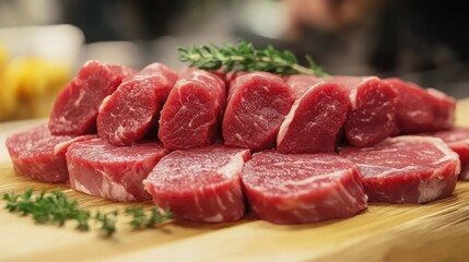 Fototapeta premium A plate of raw beef placed on a wooden board