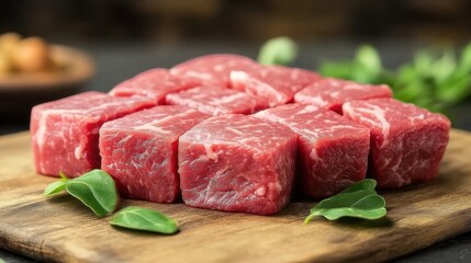Fototapeta premium A plate of raw beef placed on a wooden board
