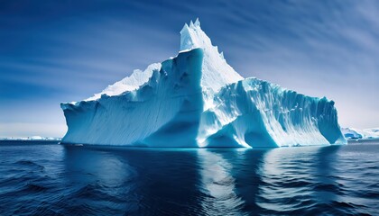 Massive frozen mountain floating in cold ocean waters, towering above surface with hidden depths below.
