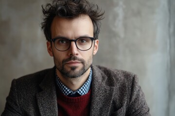 Fototapeta premium Stylish Young Man in Glasses Posing Against a Neutral Background