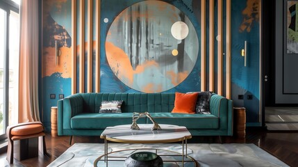 Chic Art Deco living room interior design with a teal sofa, marble coffee table, and metallic accents, highlighted by a bold geometric wall mural.