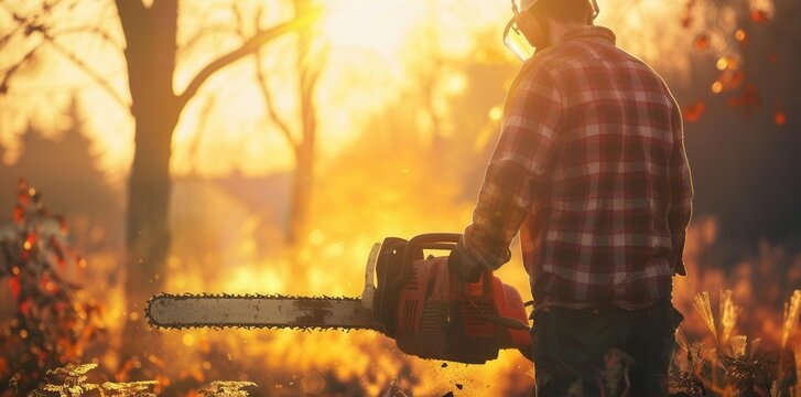 Modern Agriculture. Farmer using a chainsaw 2 concept - Powered by Adobe