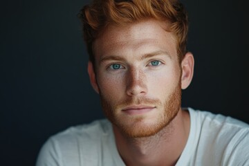 Fototapeta premium Portrait of a Young Man with Red Hair and Blue Eyes Against a Dark Background