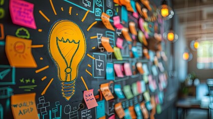 Brainstorming Session: Idea Generation on a Chalkboard with Sticky Notes