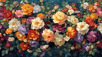 Obraz premium A vibrant arrangement of various roses in different colors and sizes, creating a floral tapestry.