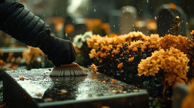 A person cleaning a gravestone surrounded by flowers in the rain.