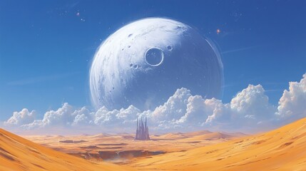 Alien desert landscape with large moon-like planet and rock formations.