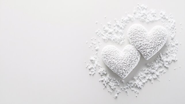 Two white heart snow love design on the right on white color theme with copy space