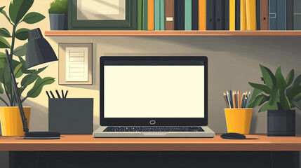 Fototapeta premium Bright and organized workspace with laptop and plants for productivity