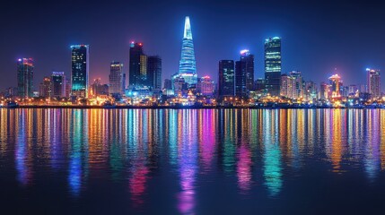Fototapeta premium A vibrant city skyline at night, reflecting lights on the water.