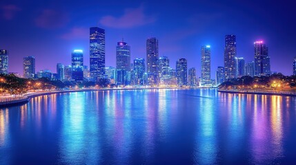Naklejka premium A vibrant city skyline illuminated at night, reflecting on the water.