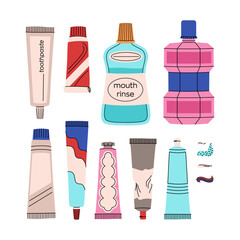 Toothpaste set. Set of oral hygiene products. Different tubes of toothpaste and mouth rinse. Teeth cleaning products. Colorful vector collection in a flat style isolated on a white background