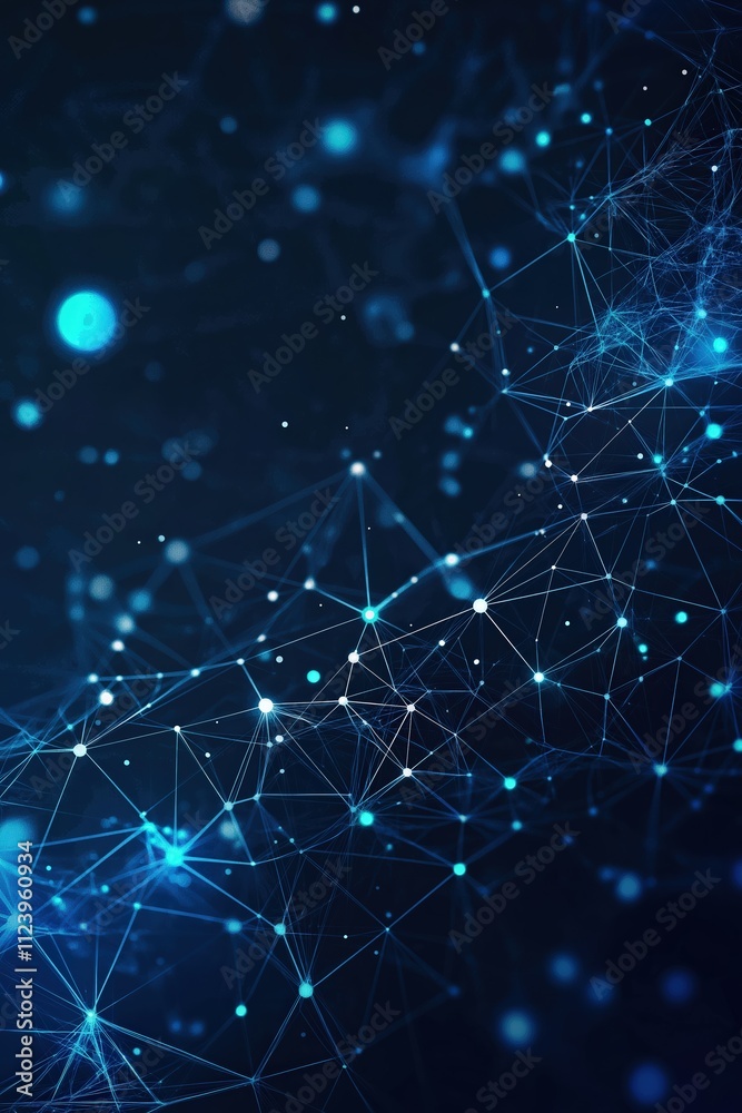 Poster digital abstract representation of interconnected networks and glowing particles in dark space