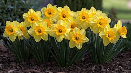 Fototapeta premium A vibrant cluster of yellow daffodils blooming in a garden setting.
