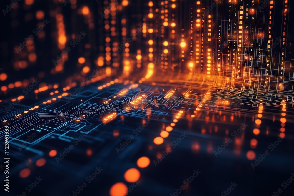 Poster futuristic digital landscape with glowing binary code and circuit patterns at night