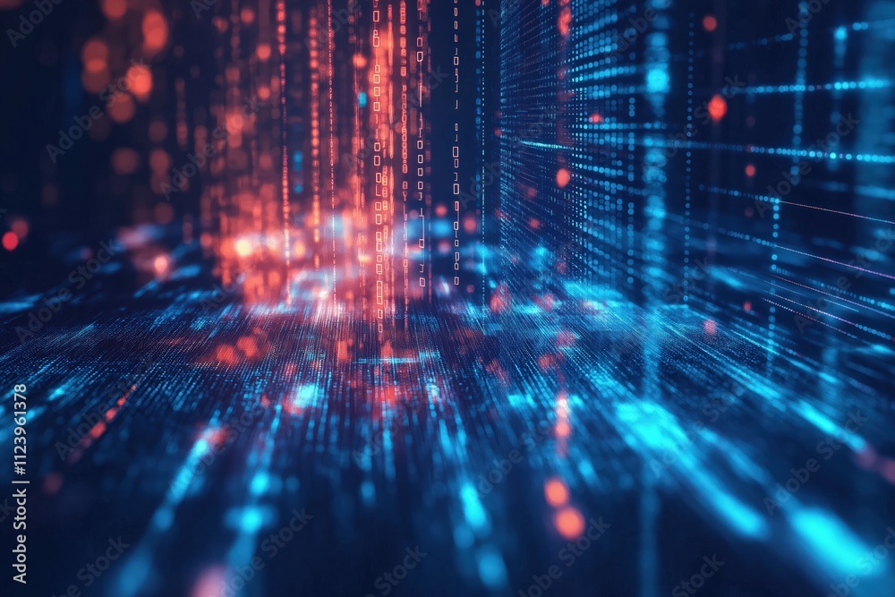 Poster vibrant digital abstract representation of data stream with glowing binary code