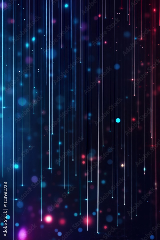 Poster colorful abstract background with glowing particles and vertical lines creating depth and dimension
