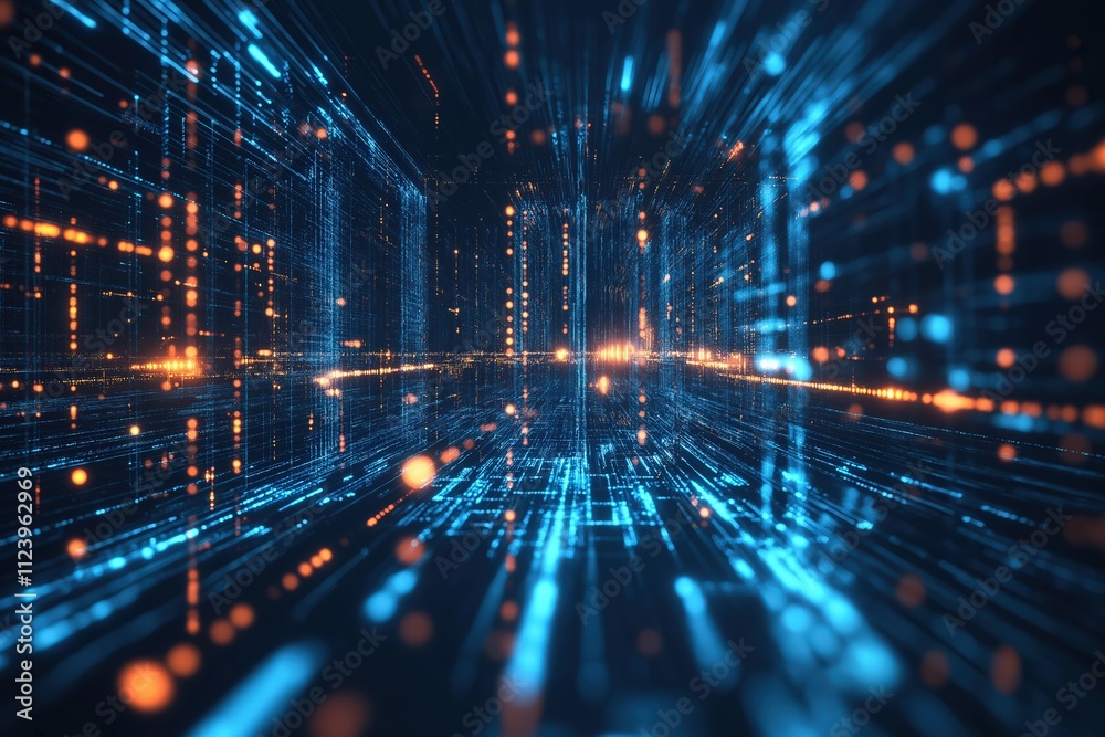 Fototapete Digital data streams create a futuristic tunnel of light and movement at nighttime