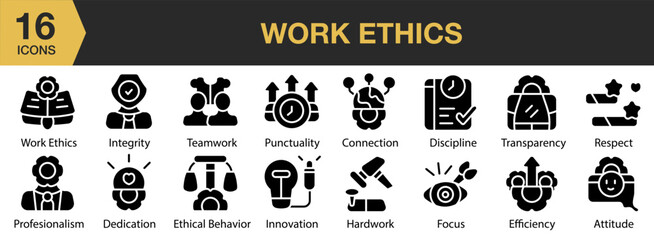 Work Ethics solid icon set. Includes business, work, law, strategy, ethics, integrity, and More. Solid icons vector collection.